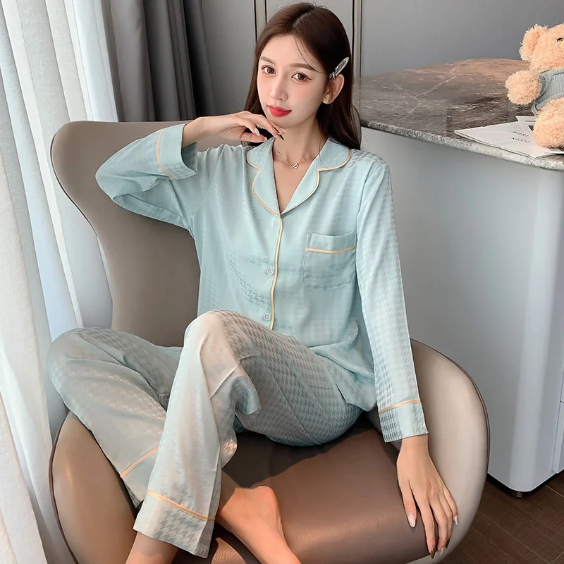 Lisacmvpnel Thousand Bird Lattice Pattern Women Pajama Set Ice Silk Breathable Soft Touch Sleepwear