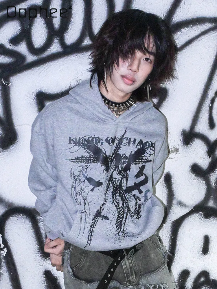 

2025 Spring and Autumn New Rock Subculture Dark Gothic Style Printed Men's Gray Black Casual Short Hooded Sweatshirt