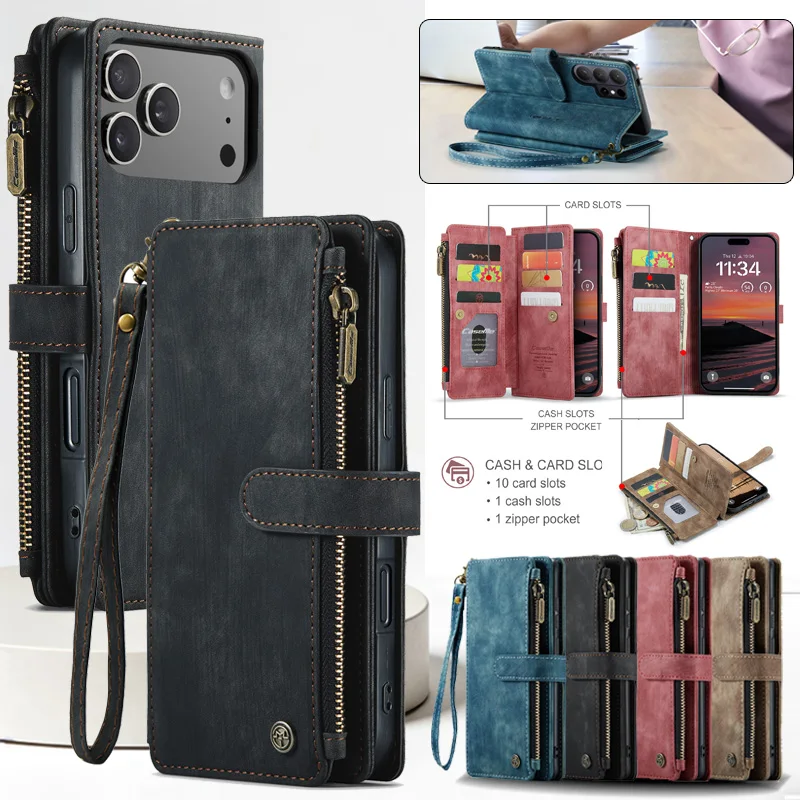 

Zipper Leather Wallet Phone Case for iPhone 17 Pro Max 17 Air 16E 16 Plus Wrist Strap Card Holder Cover Funda Hoesje Coque Bag
