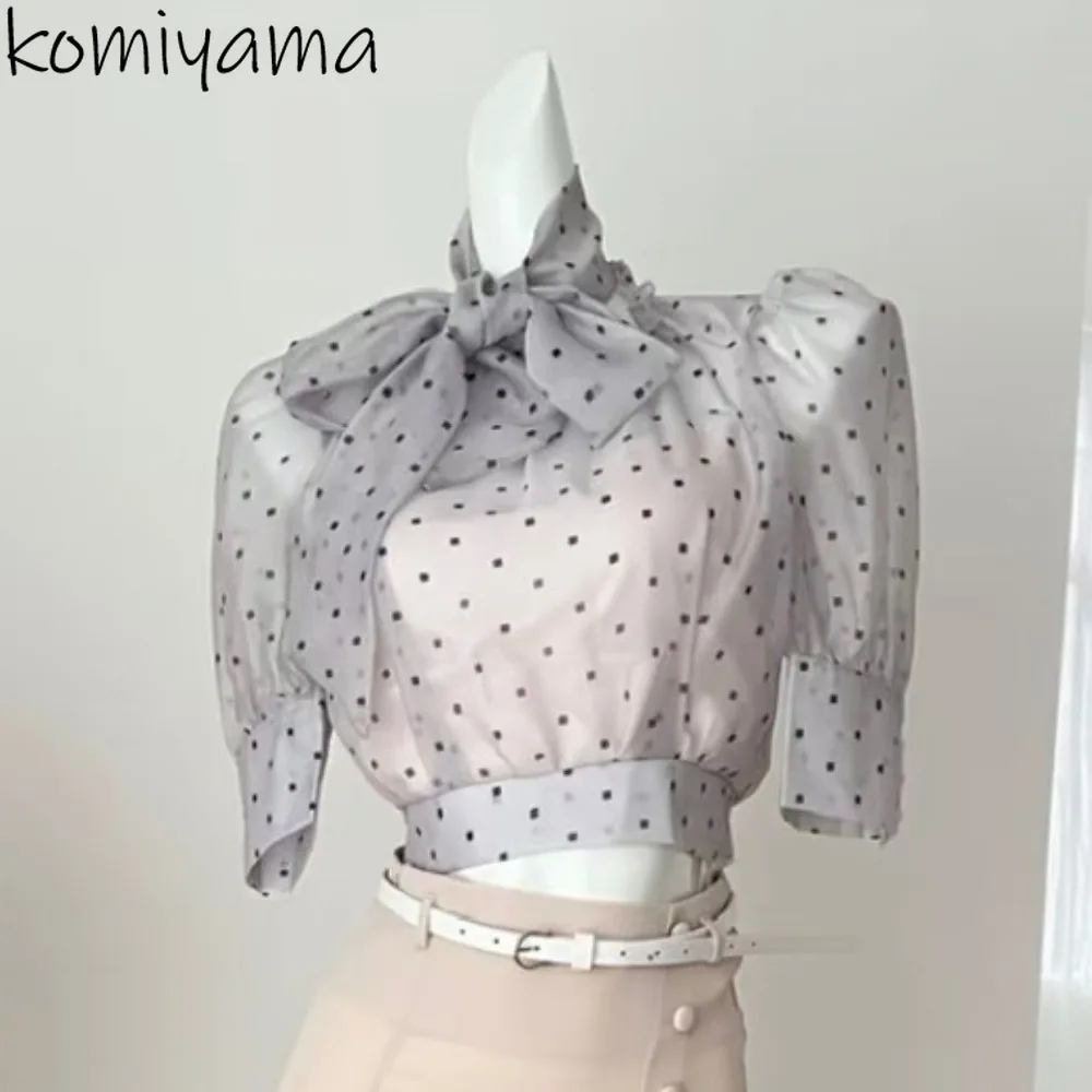 

Bandge Bow Blusas Mujer Polka Dot Print Woman 2025 Shirts & Blouses Half Puff Sleeve Ropa Japan Clothing Fashion Camisas