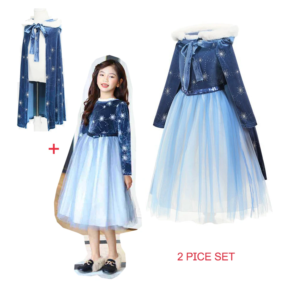 

Frozen 2 Elsa Costume For Girl Children Winter Long Sleeve Party Gown with Velvet Cape Christmas Birthday Party Outfit
