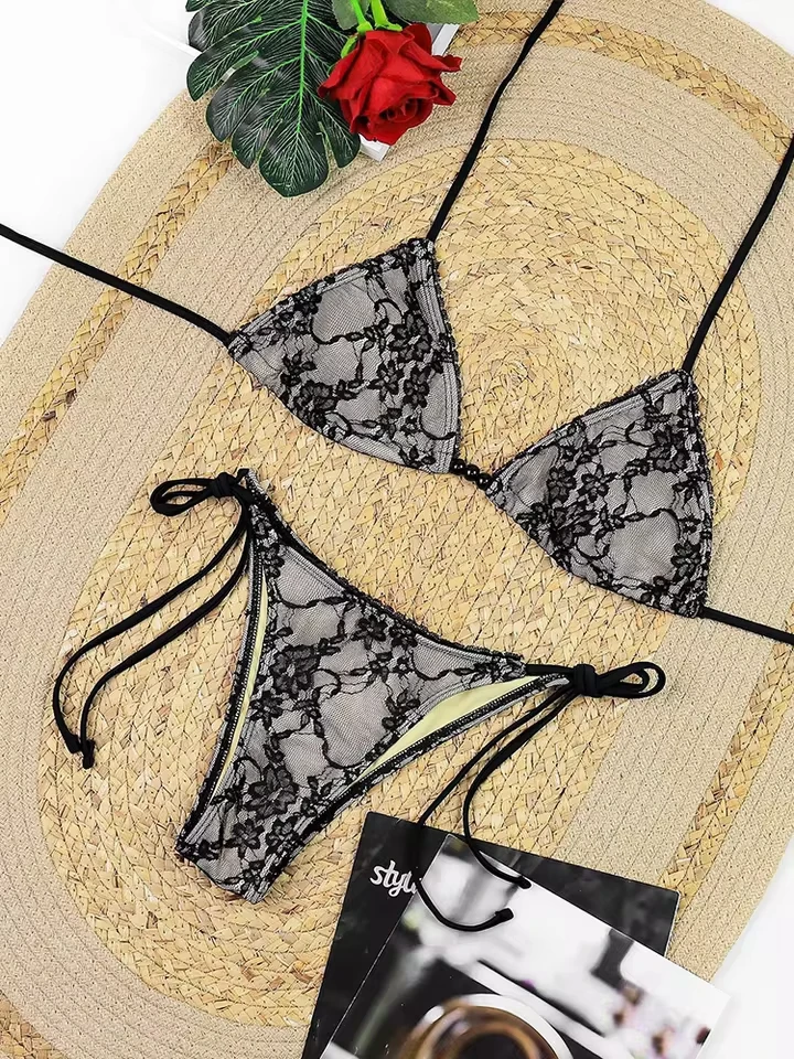 

vzvn 2026 New All Season Backless Bikinis Sexy Lace Up Lace Thong Bikini Set Women Split Swimsuit Beach Bikini 2 Piece Set