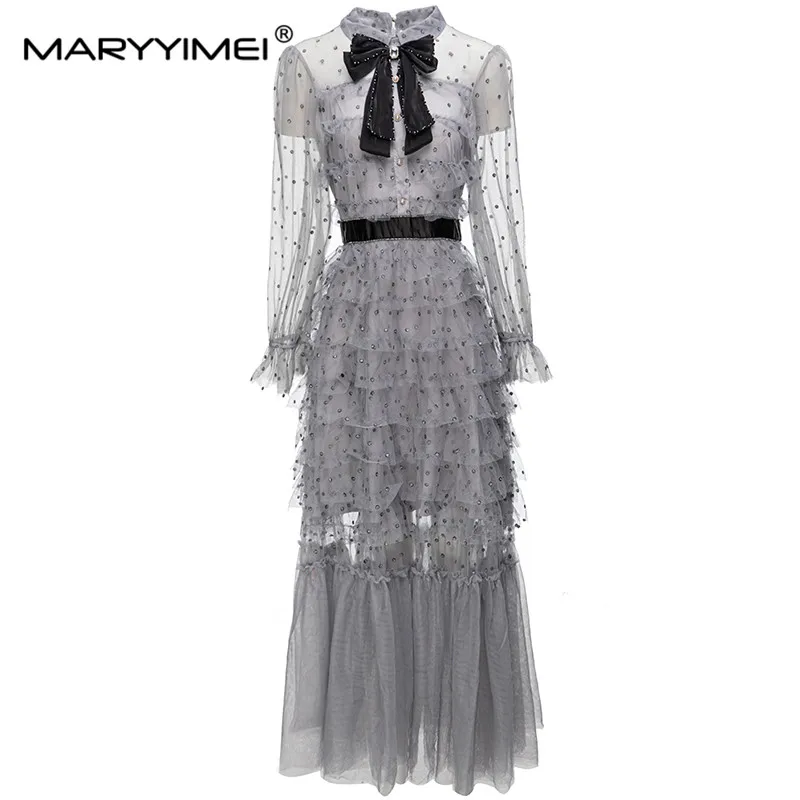 

MARYYIMEI Lantern Sleeve dress Spring Autumn Bow Sequins Fashion Cake Layer Women's Holiday Waist Up Long Dresses