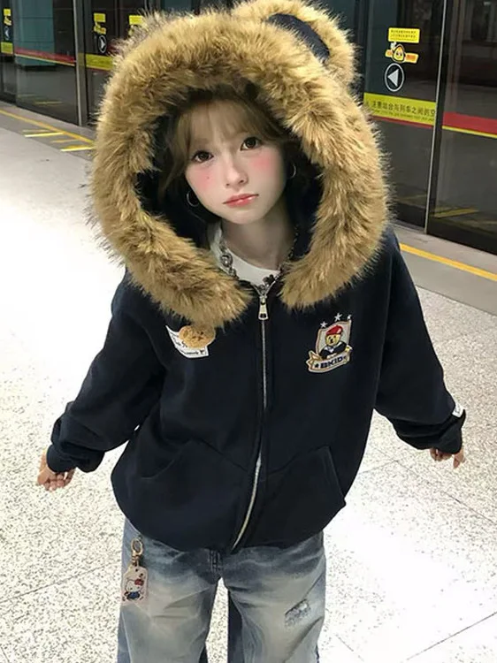 

Retro Bear Plush Hooded Open Cardigan Sweatshirt Women's Thickened Autumn Winter Outerwear Embroidered Cartoon Coat