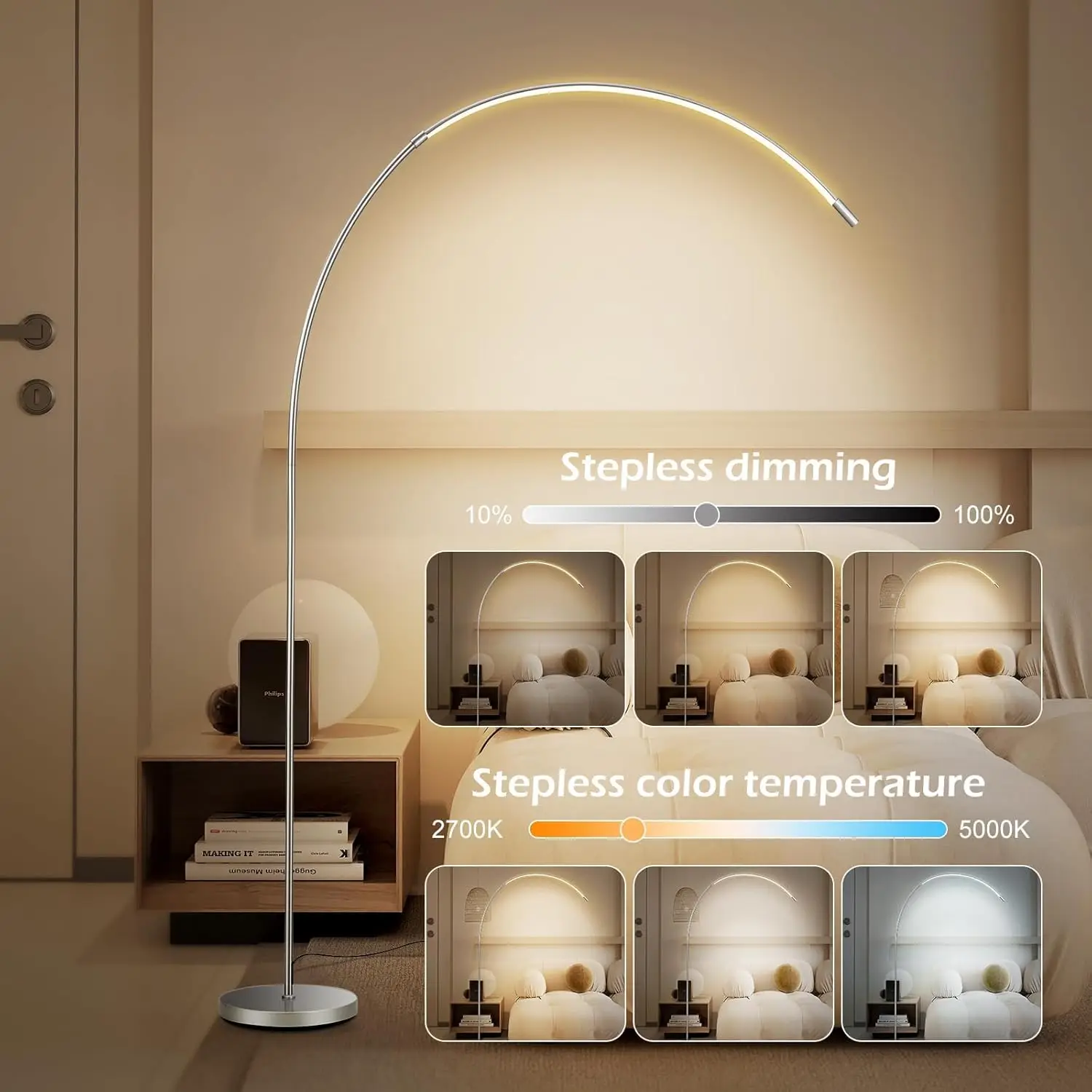 مصباح أرضي بقوس LED لغرفة المعيشة، مصباح قائم حديث فضي مع جهاز تحكم عن بعد، مصباح أرضي للقراءة بثلاثة ألوان