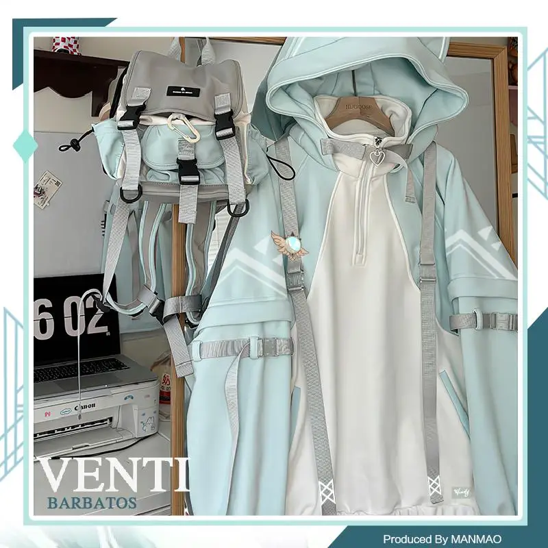 أنيمي جينشين تأثير Venti سمة تأثيري الكرتون هوديي معطف القط الأذن تصميم الخريف والشتاء الملابس اليومية هدية عيد الميلاد