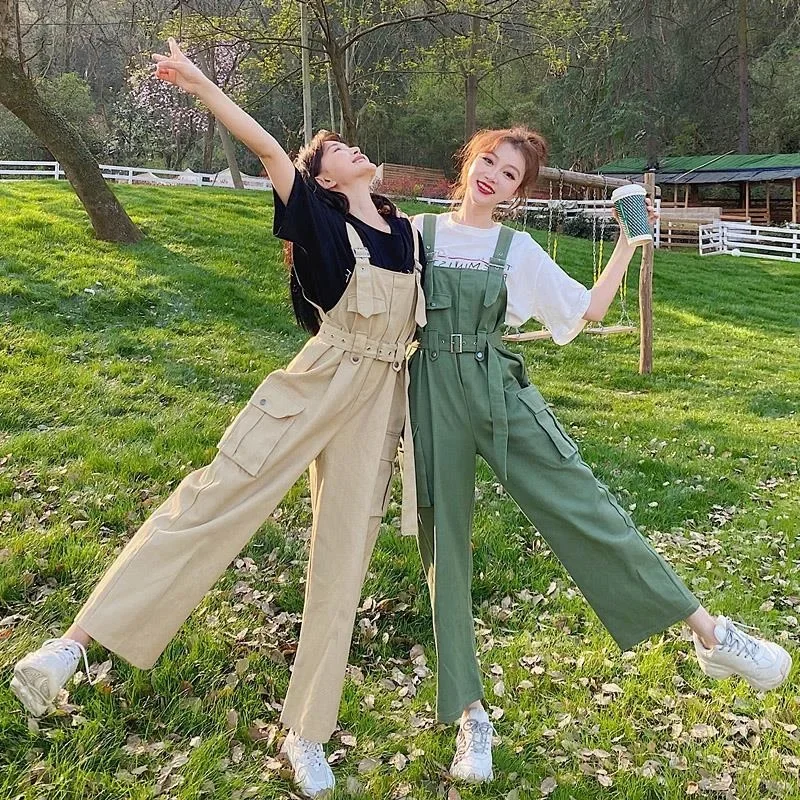 

Cargo Style Jumpsuits Women High Street Spring Summer Fashion Pockets Chic Straight All-match Vintage Minimalist Korean Sweet