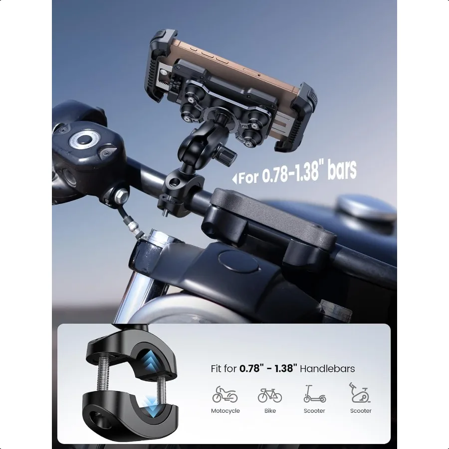 Motorcycle Phone Mount Holder [Dual Vibration Dampener] [Metal Adjustment Arm] Motorcycle Cell Phone Holder Bike Handlebar Phon