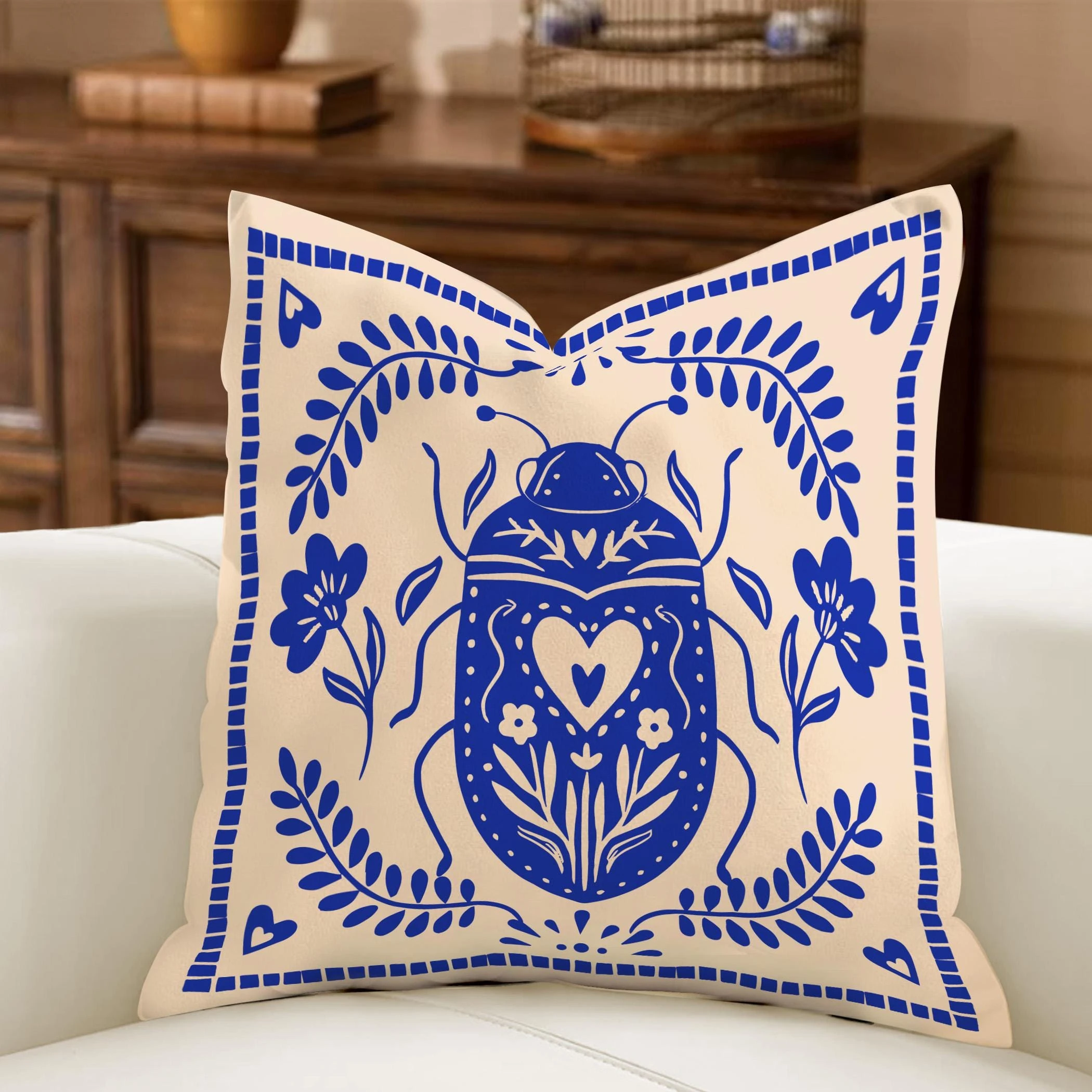 1pc Mexican Folk Bug Ladybug Wildflower Pillow Cover 2D Double-Side Print Polyester Cushion Case for Bedroom Dorm Boho Colorful