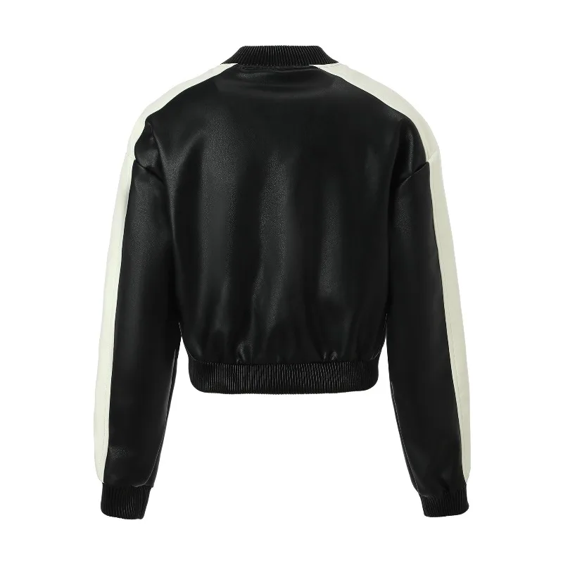 Veste de luxe en cuir PU brodé pour femmes, blouson bombardier contrasté, manteaux courts en cuir pour motard, vêtements d'extérieur de course pour femmes