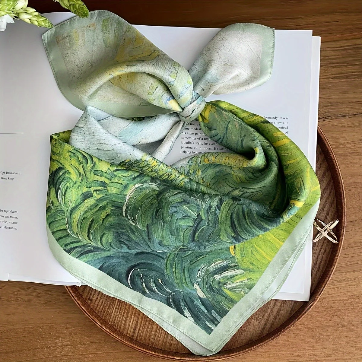 Green Oil Painting Decorative Thin Scarf Four Seasons Soft Satin Small Square Scarf All-Match Bandana Scarf for Women