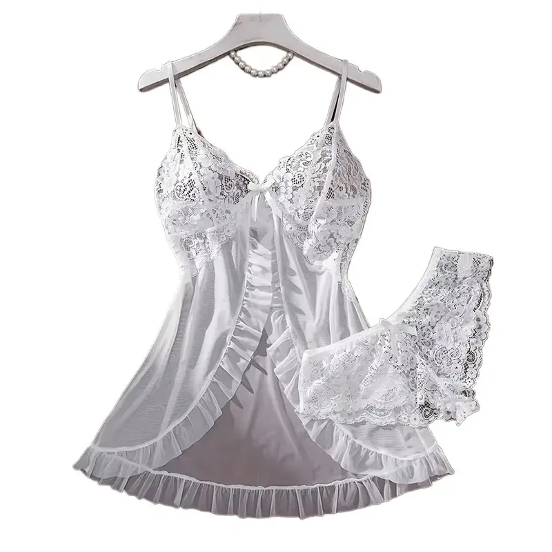 

Tulle Ultra Sexy Nightgown V-neck Bra Open Sleep Skirt Night Erotic Dress Woman Sheer Pajamas Lingerie Thongs Luxury Kit