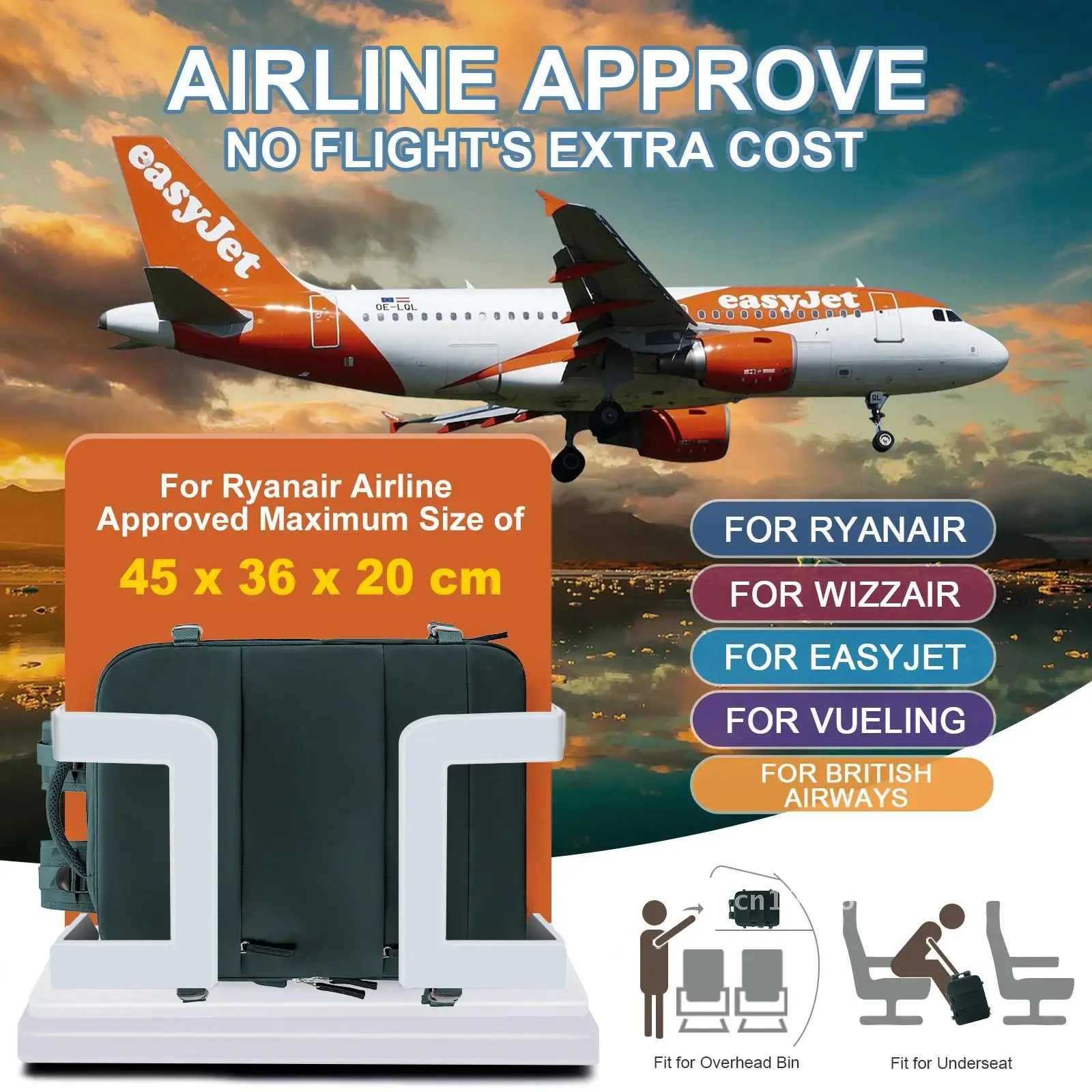 حقيبة ظهر Easyjet Cabin مقاس 45 × 36 × 20، حقيبة حمل Ryanair مقاس 40 × 20 × 25، حقيبة ظهر للسفر على شكل طائرة للنساء/الرجال، حقيبة ظهر للكمبيوتر المحمول بحجم المقصورة