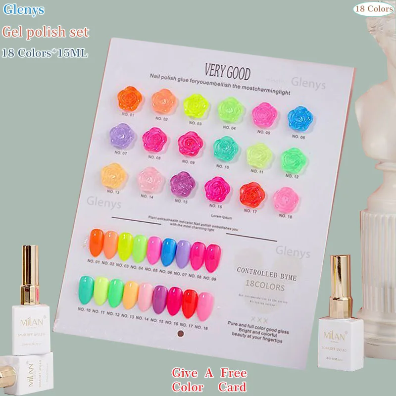 Glenys 18 لون طلاء الأظافر الغراء شعبية شبه دائمة الغمر هلام بطاقة اللون الأشعة فوق البنفسجية LED صالون الأظافر مجموعة الورنيش الفنية