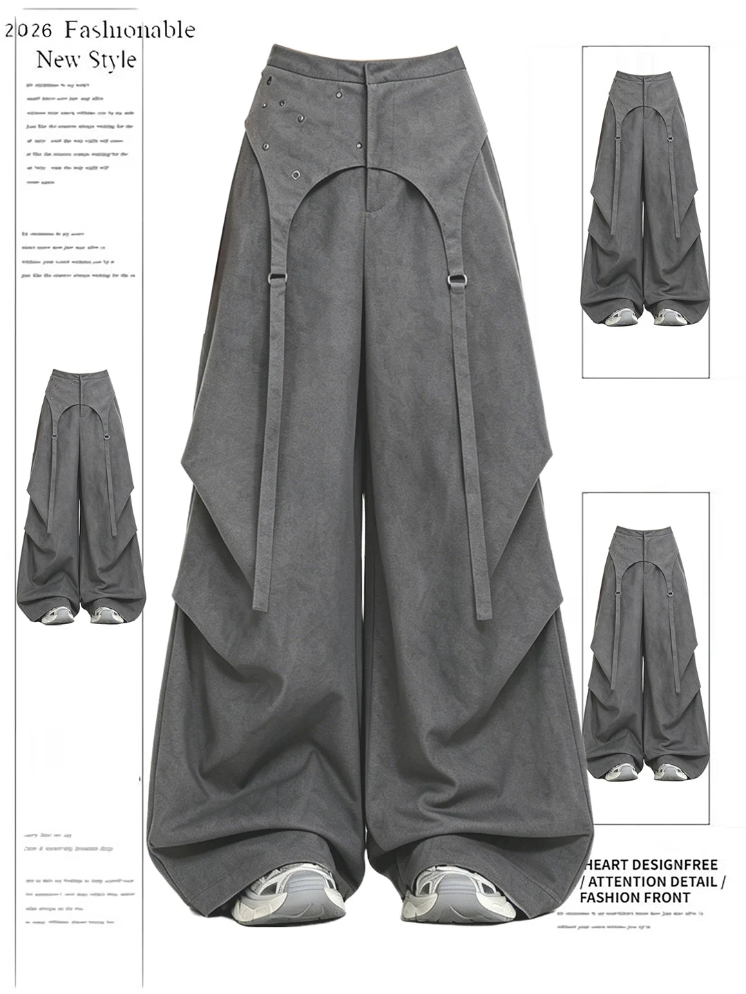 

American Retro Design Sense Draped Work Pants Summer New Folded Loose Overlap Wide Leg Pants High Waist Straight Leg Casual P...