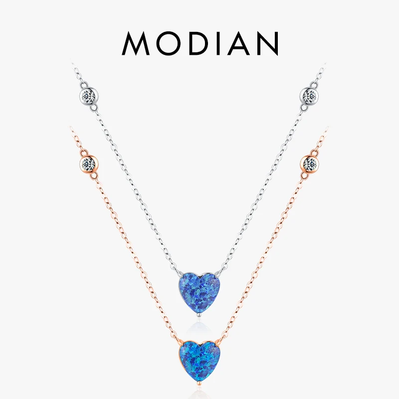 

Modian 925 Sterling Silver Van Gogh Starry Sky Design Blue Heart Opal Pendant Necklace Fashion Link Chain For Women Fine Jewelry