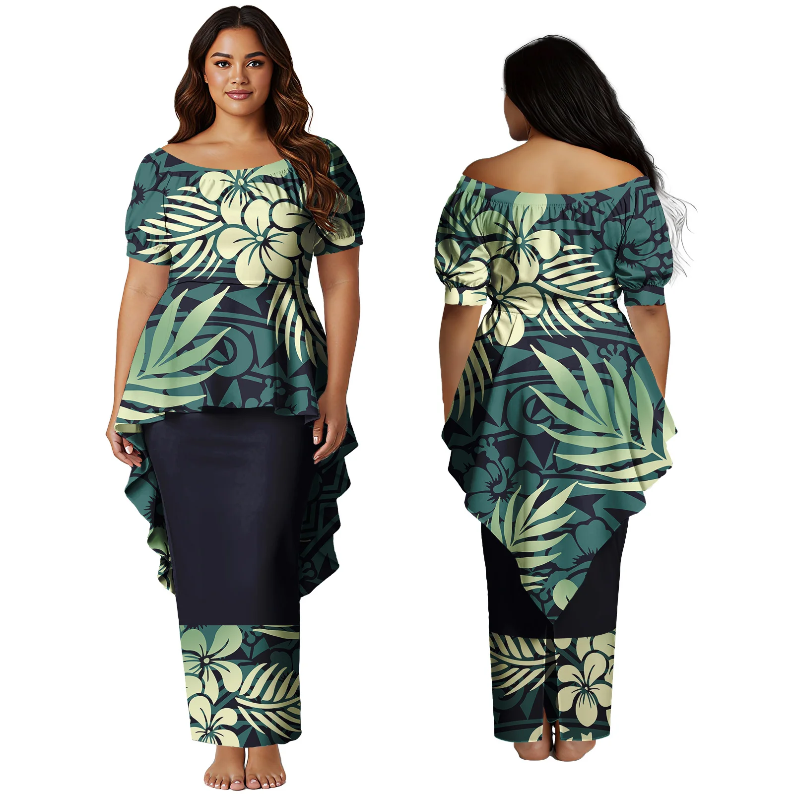 Ropa personalizada a petición para mujer, vestido con estampado Floral de Isla de Samoa, Top y faldas polinesio, conjunto de 2 uds de talla grande, Puletasi hawaiana para mujer