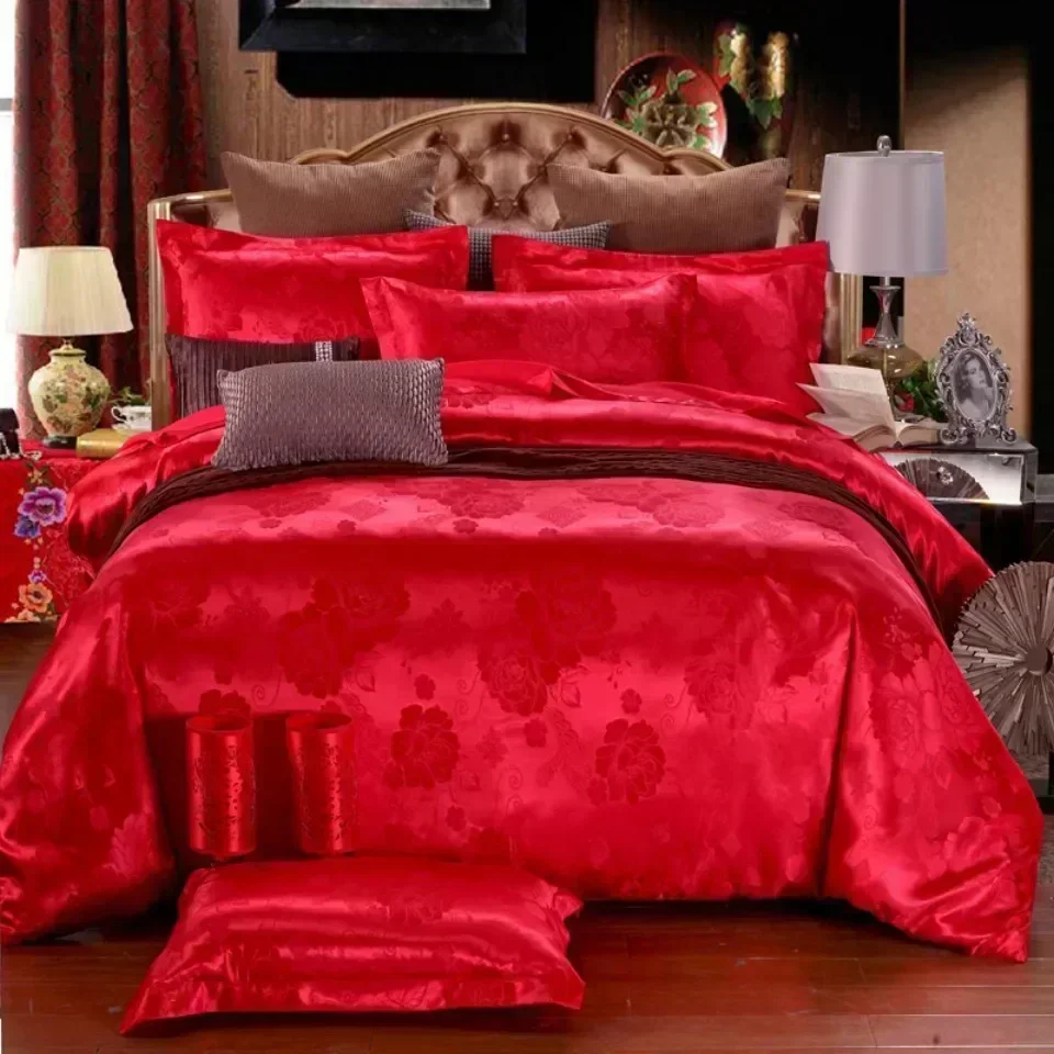 Satin jacquard duvet cover set on a bed