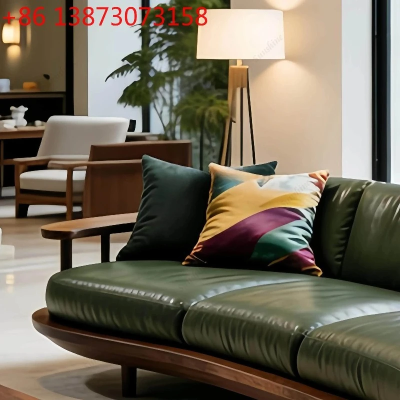 New Chinese Black Walnut Straight Row Three Person Living Room High End Solid Wood Leather Art Sofa