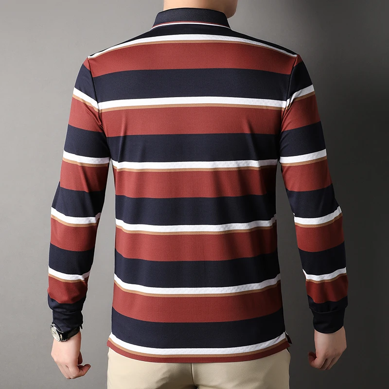 new Spring Autumn Striped Men's Polo Shirts High Elasticity Long Sleeve Business Casual Simple Male T-shirts Fashion Man Tees