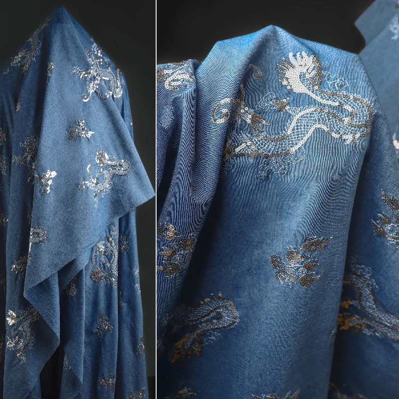 

Tenglong Sequin Embroidered Denim Three-dimensional Handmade Shirt Half Skirt Pants Suit Cardigan Clothing Designer Fabric