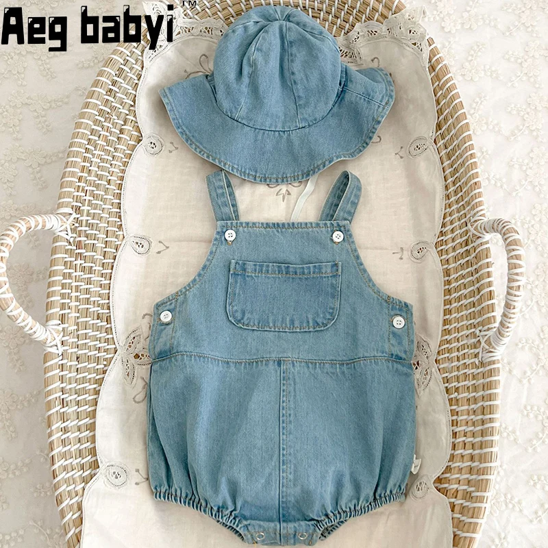 

Baby Boys Girls Romper Summer New Solid Color Sleeveless Baby Denim Jumpsuit Pocket Bodysuit Toddler Baby Boy Cowboy Romper +Hat