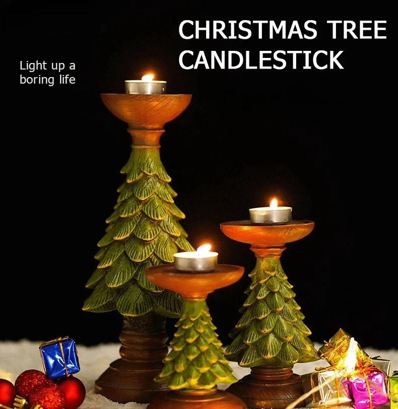 Vintage Christmas Tree Candlestick Stand Decoration European Home Living Room Desktop Decoration Crafts Resin Candlestick