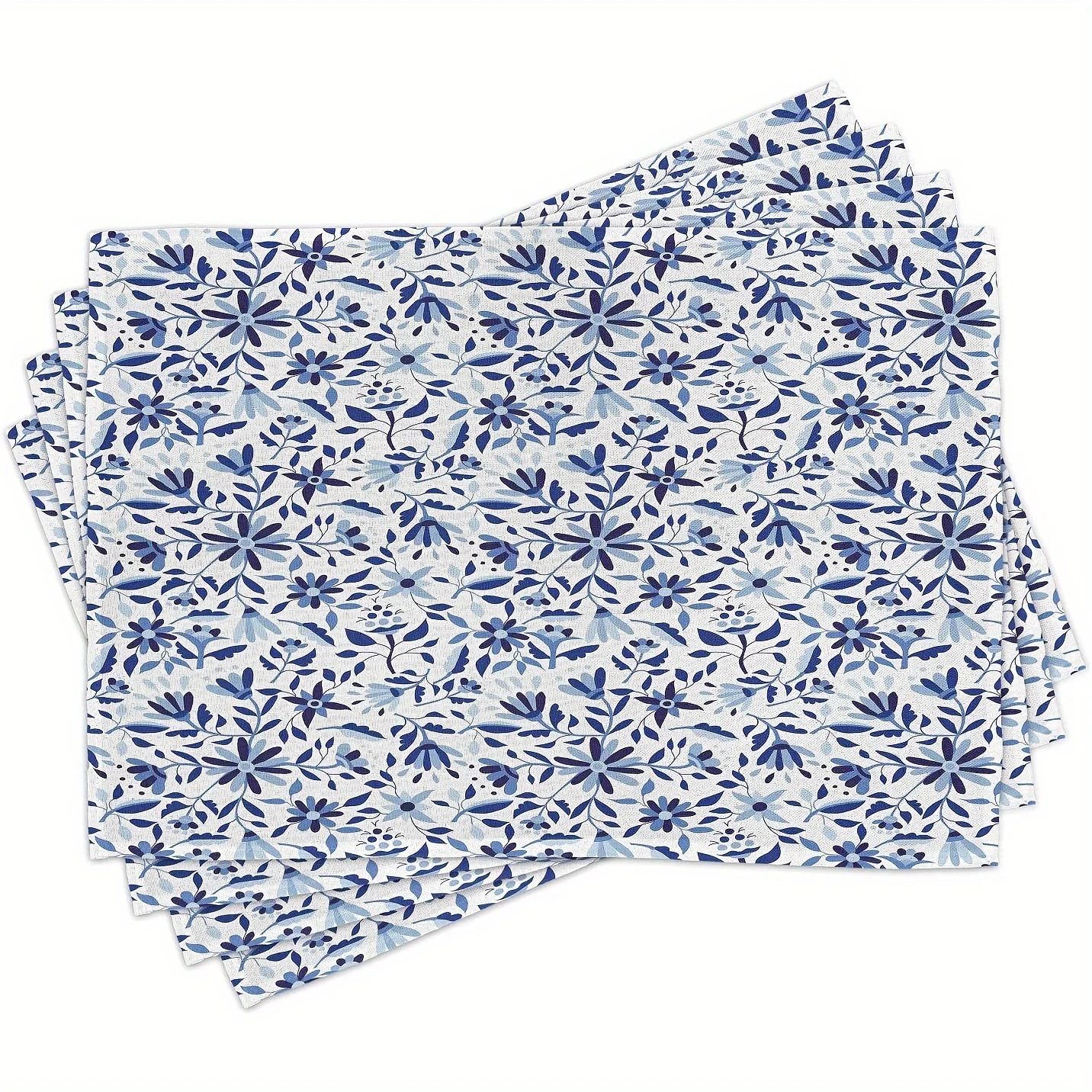 

4pcs Set, Modern Minimalist Blue Floral Swirl Linen Placemats - Rectangular, 100% Linen, Machine Washable Dining Table Mats with