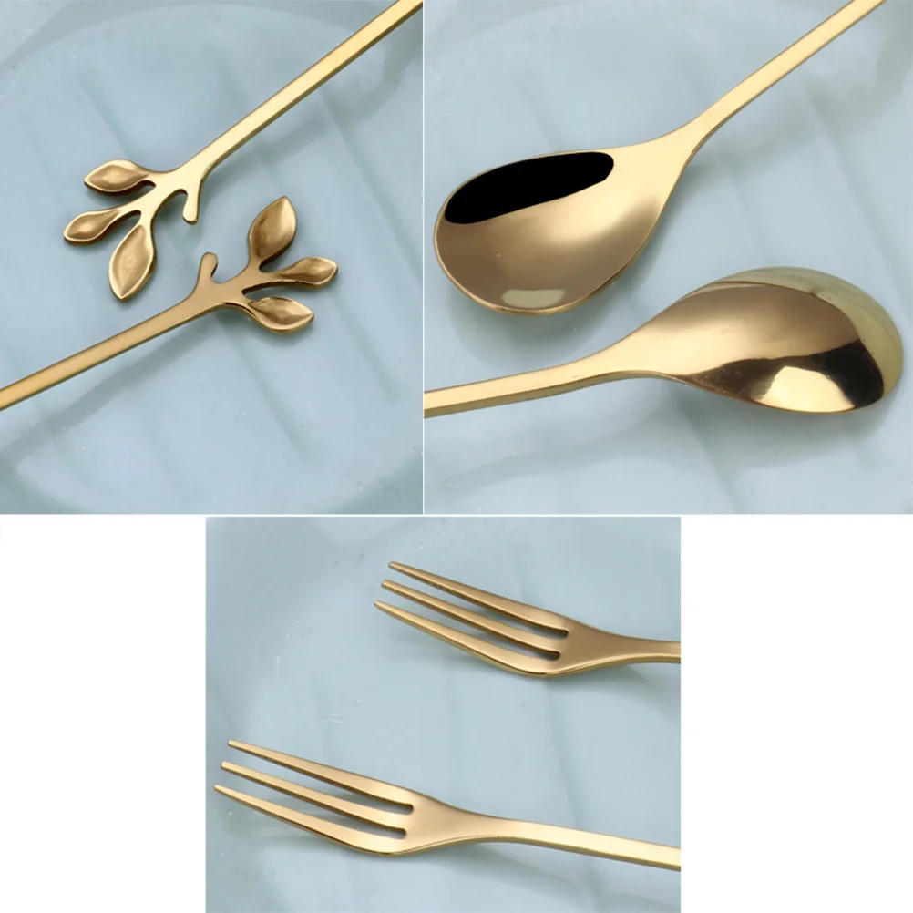 

6 Pcs Leaf Shape Stainless Steel Spoon Ice Cream Fork Household Dessert Creative Dinner Forks Set Anti Rust Healthy