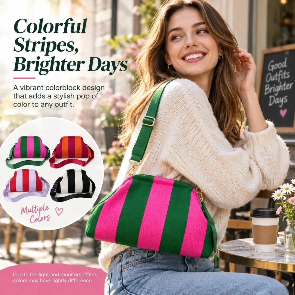 Colorblock Design Colorful Striped Shoulder Bag Large Capacity Lightweight Makeup Pouch Knitting Texture Crossbody Bag For Women