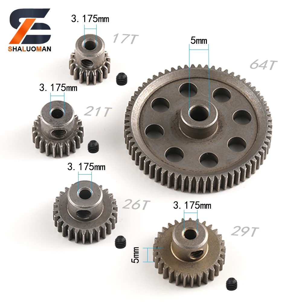 M0.6 5mm 64T and M0.6 3.175mm 17T 21T 26T 29T Steel Metal Motor gear for Hsp 94123 94111 94107 94170 RC Model Car Parts 