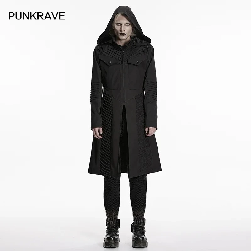 PUNK RAVE Men's Dark Twill Non-elastic Pressed Strips Functional Jacket Geometric Structures Lines Party Club Long Coat