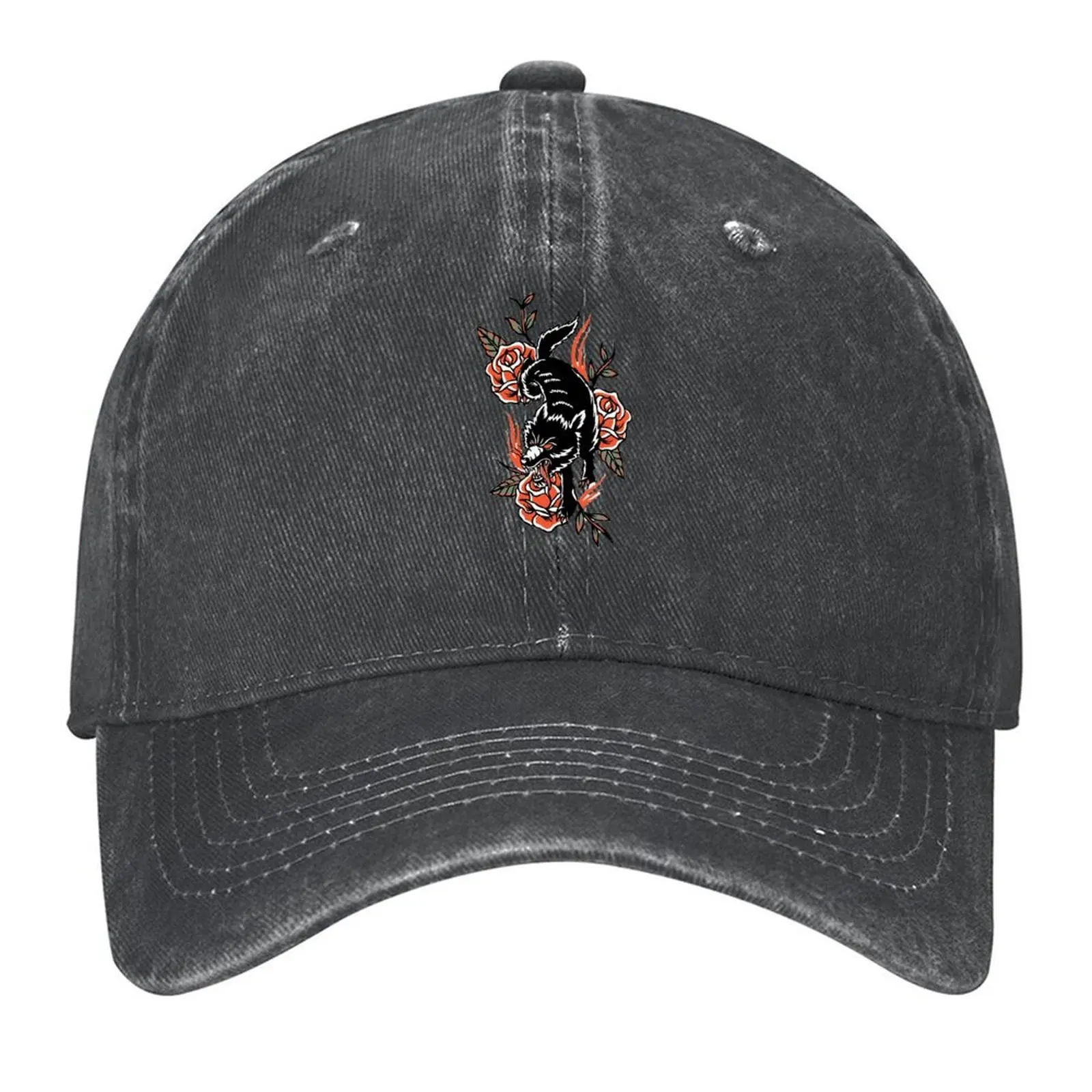 Casquette de Baseball avec tatouage traditionnel américain de loup noir sur Roses rouges avec flammes, chapeau de camionneur, chapeau de luxe pour femmes et hommes