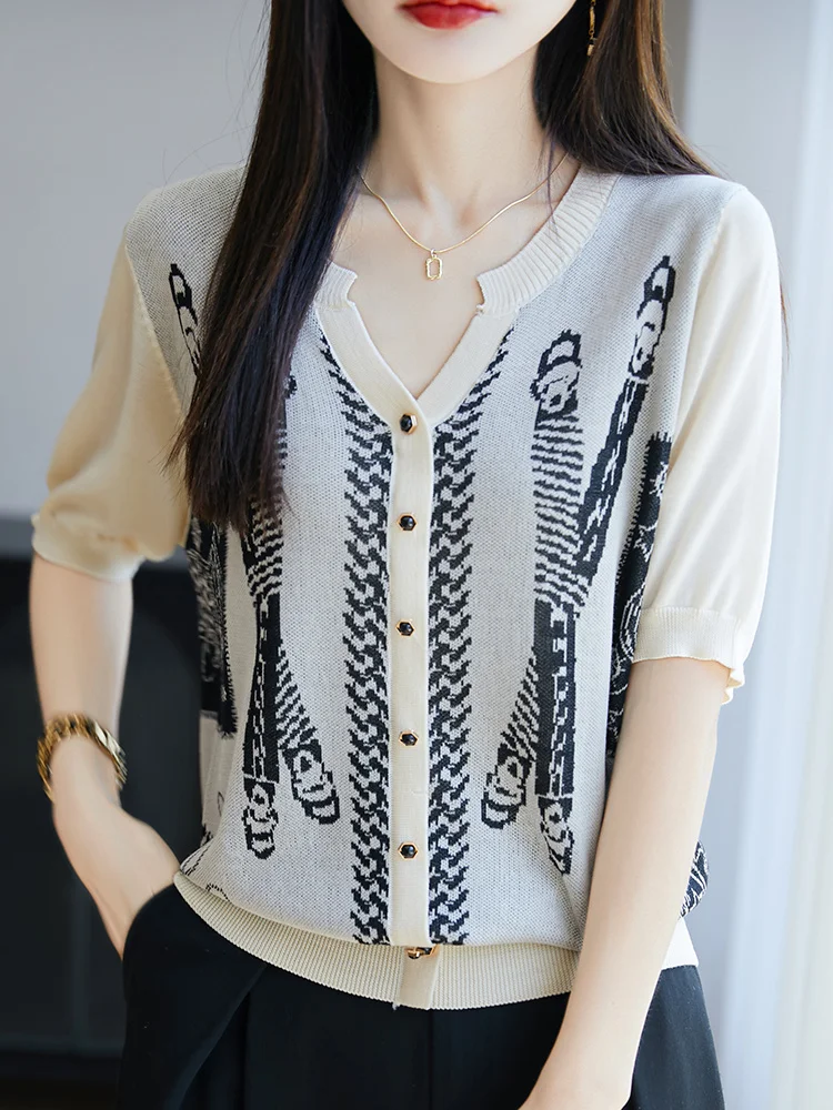 

Лето 2022, женский утягивающий универсальный топ с абстрактным узором Fashion V-Ne Color Blo, вязаный ор Све, открытый кардиган