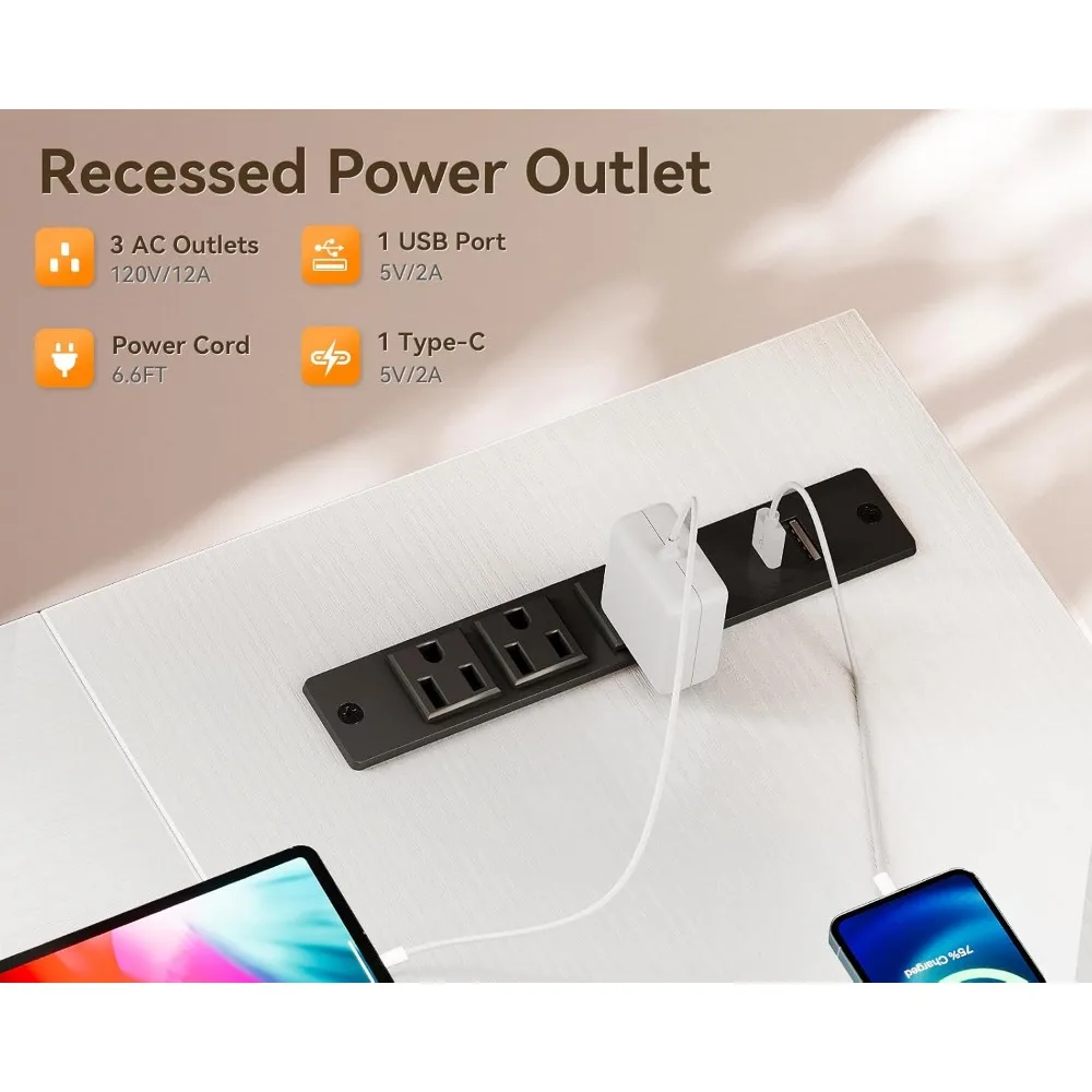 Mesa em forma de L de 42 polegadas com gavetas, mesa de computador com tomadas elétricas, mesa de escritório doméstico com 6 gavetas