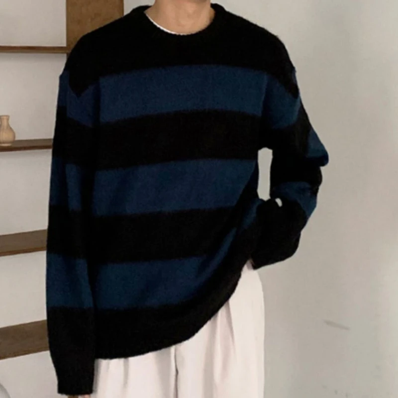 Striped Sweaters Men Autumn Korean Style Loose Slouchy Harajuku Long Sleeve Knitwear All-match High Street Males Pullovers Daily