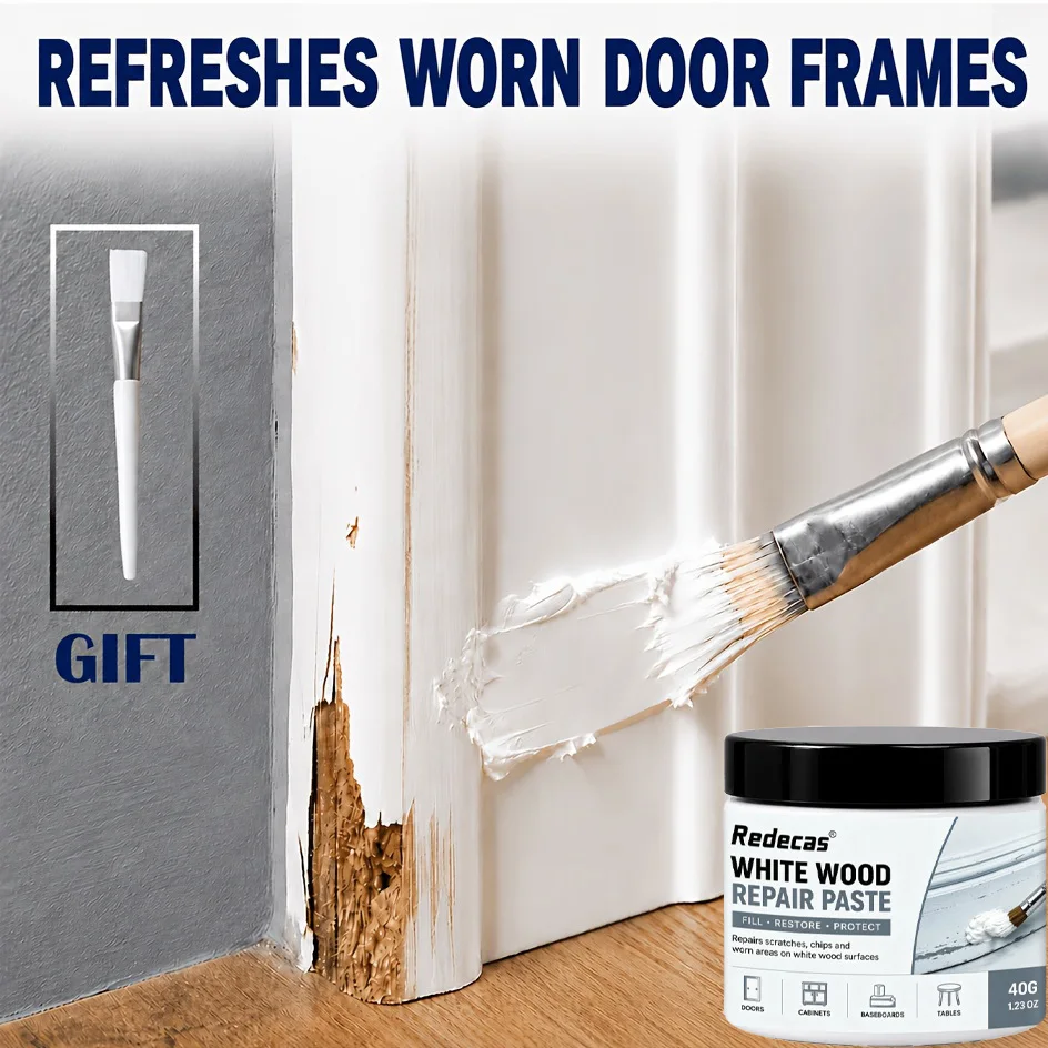 White Wood Repair Paste with Brush: Covers Scratches, Gaps & Wear, handy Filler for Skirting, Cabinets and Doors