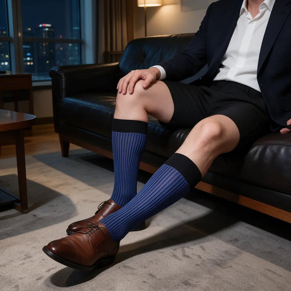 Men's Sheer Dress Socks Blue Black Vertical Striped Mid Calf Silky Thin Business Formal Socks for Suit Office Wedding