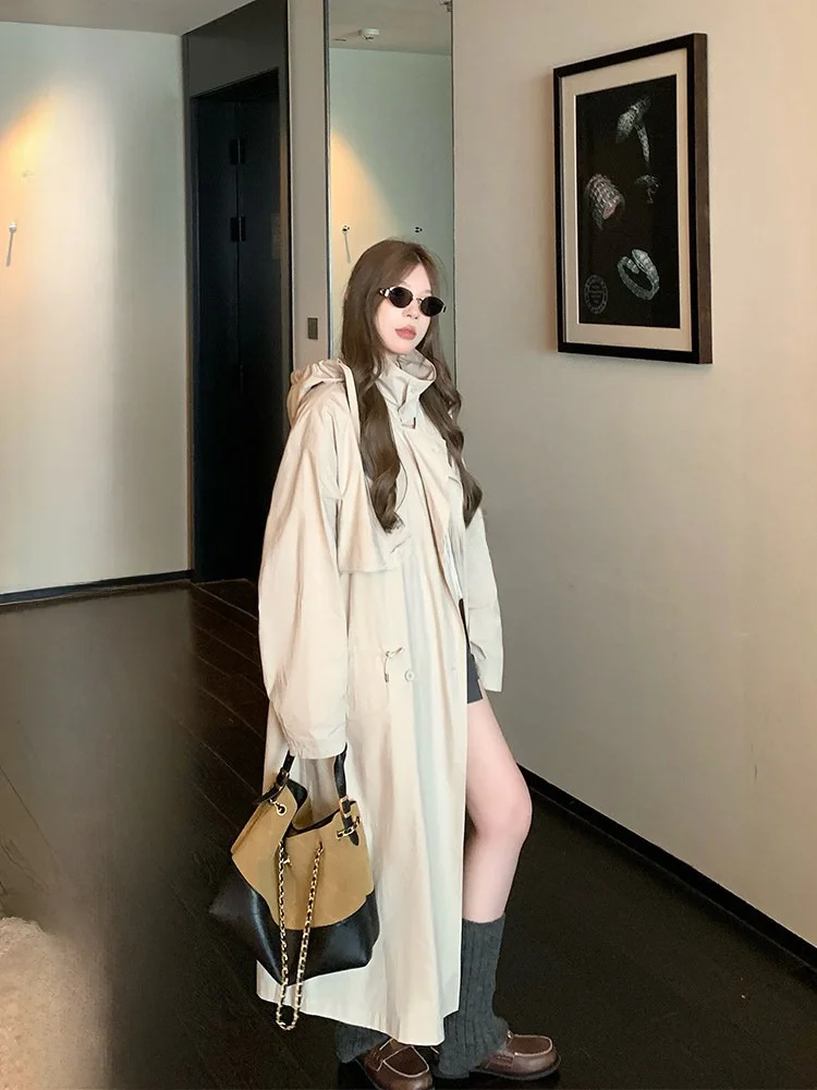 

Длинное пальто с капюшоном для женщин: весенне-осеннее, легкое, уникальный дизайн, повседневная верхняя одежда в корейском стиле, свободный крой, ветровка