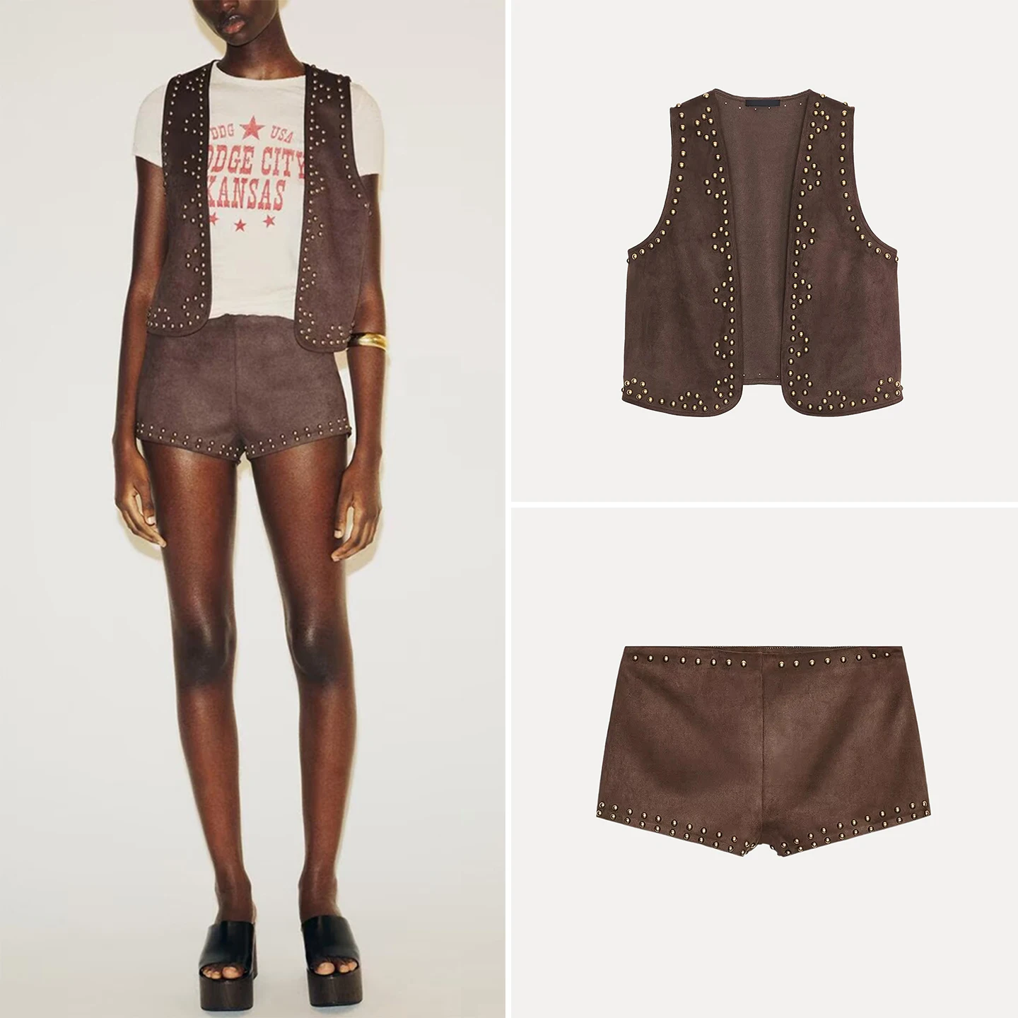 Z 2025 New Women's Faion Vest And orts Set Rivet Counter ain Leather Vest And Rivet orts Two Piece Set Summer Ou...