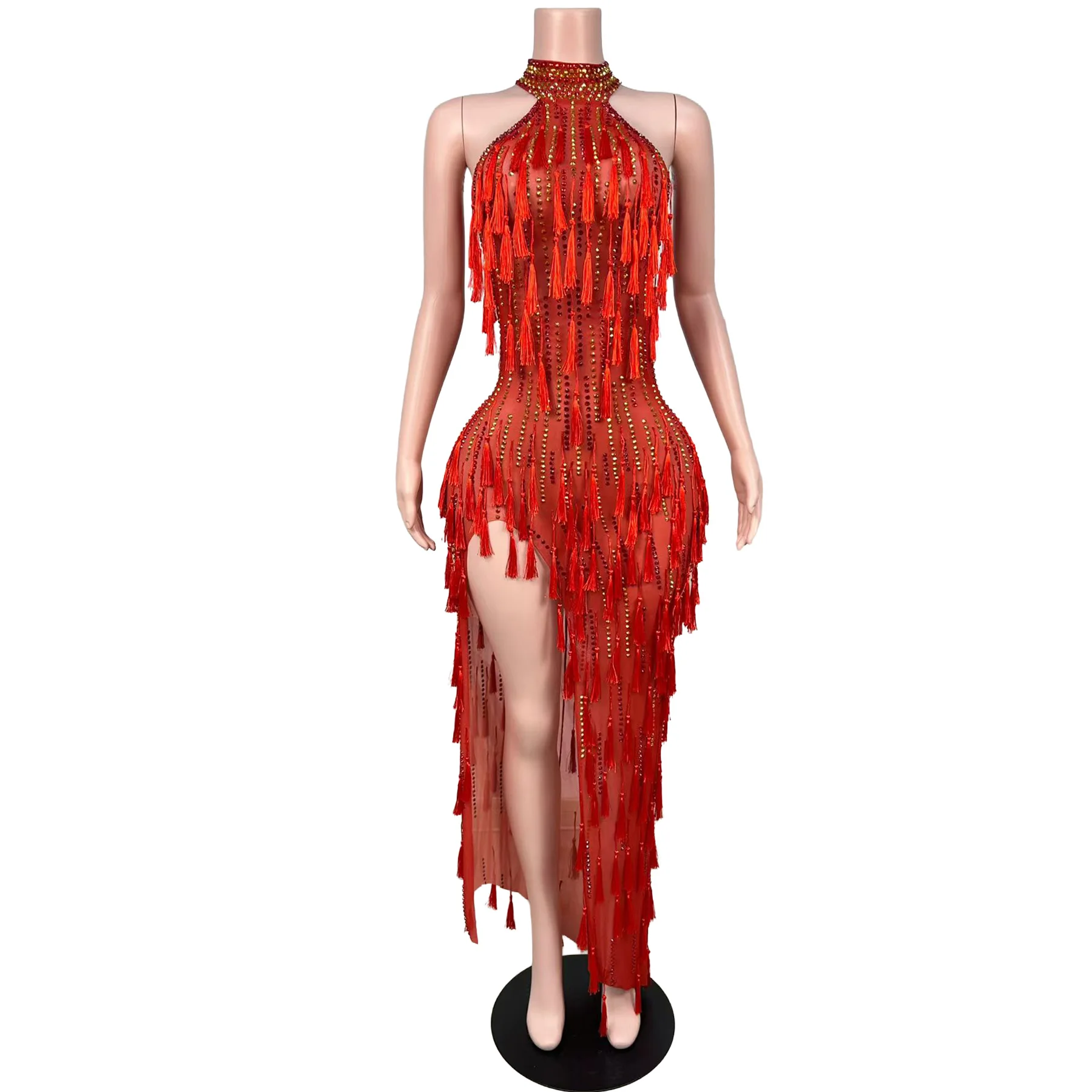 Dufu Halter Neck Red Tassel Fringe Maxi Dress Sheer Mesh Rhinestone High Slit Long Latin Dance Evening Party Gown For Women