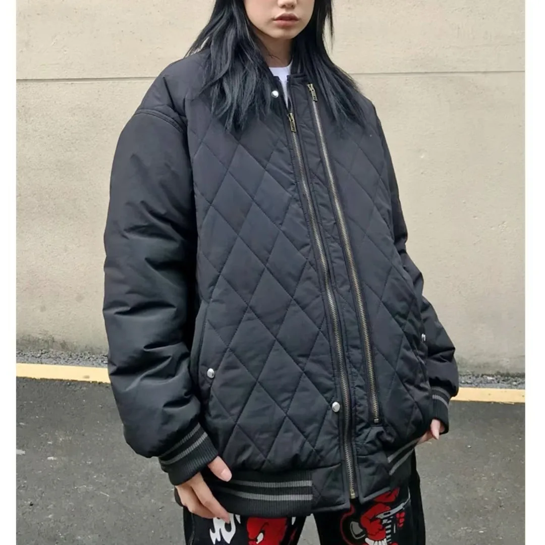 معطف رجالي كبير الحجم بنمط الماس مطرز من القطن Jaet Thiened للخريف والشتاء فضفاض مناسب كلاسيكي بسحاب للإغلاق