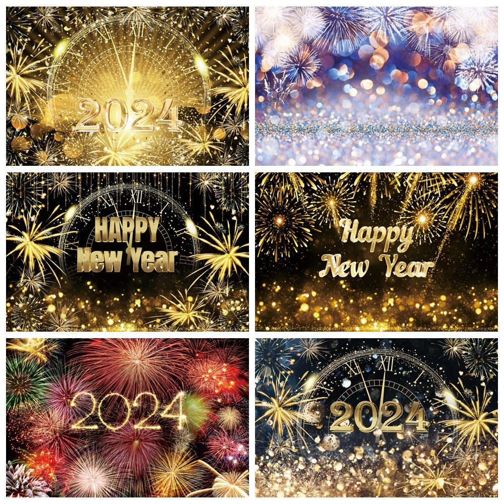 

Happy New Year For 2024 Fireworks Photography Backdrop Gold Glitter Family Party Decoration Photographic Background Photo Props