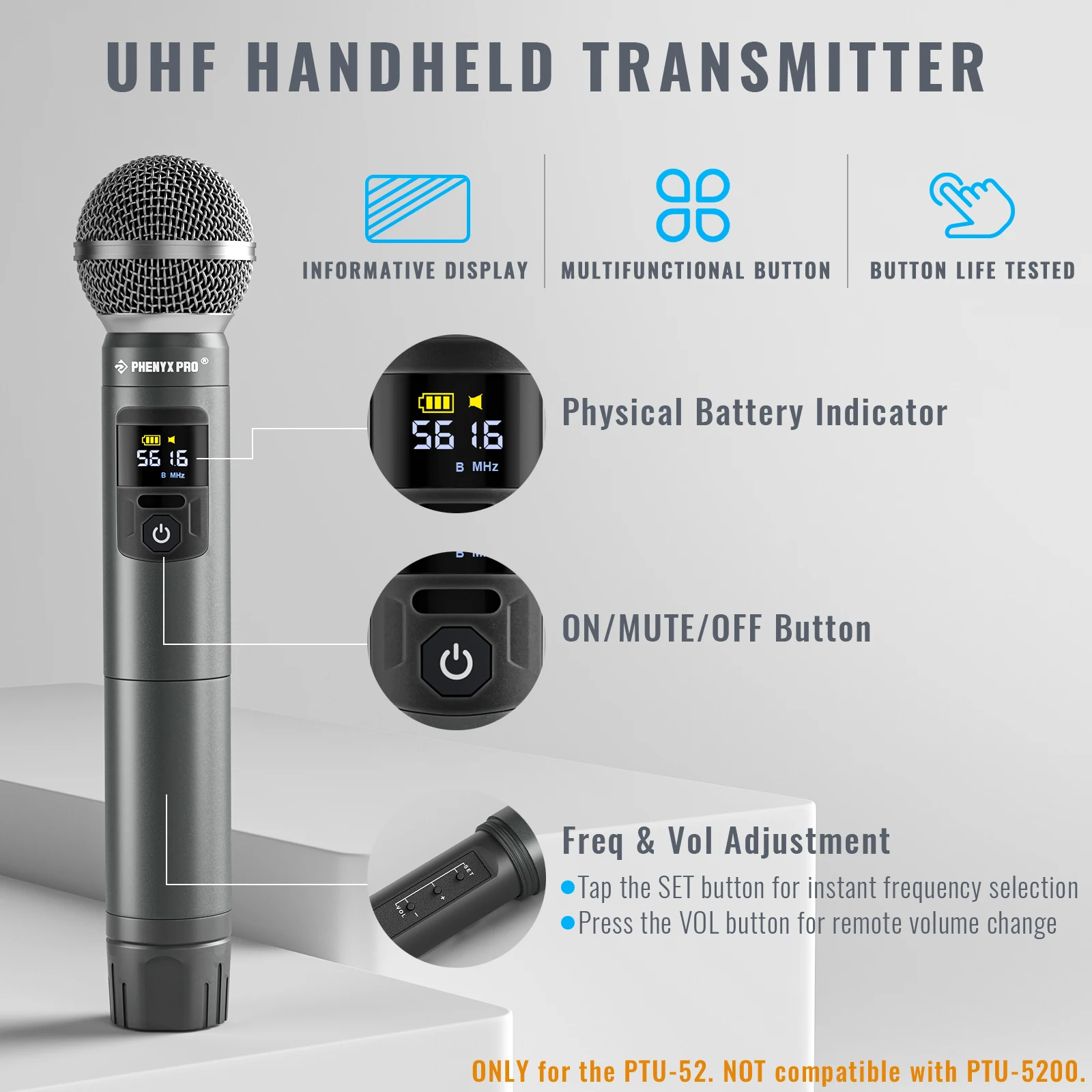 Phenyx Pro UHF Профессиональный двойной беспроводной микрофон для выступления на сцене Домашняя система караоке 200 футов/60 м 30 частот PTU-52