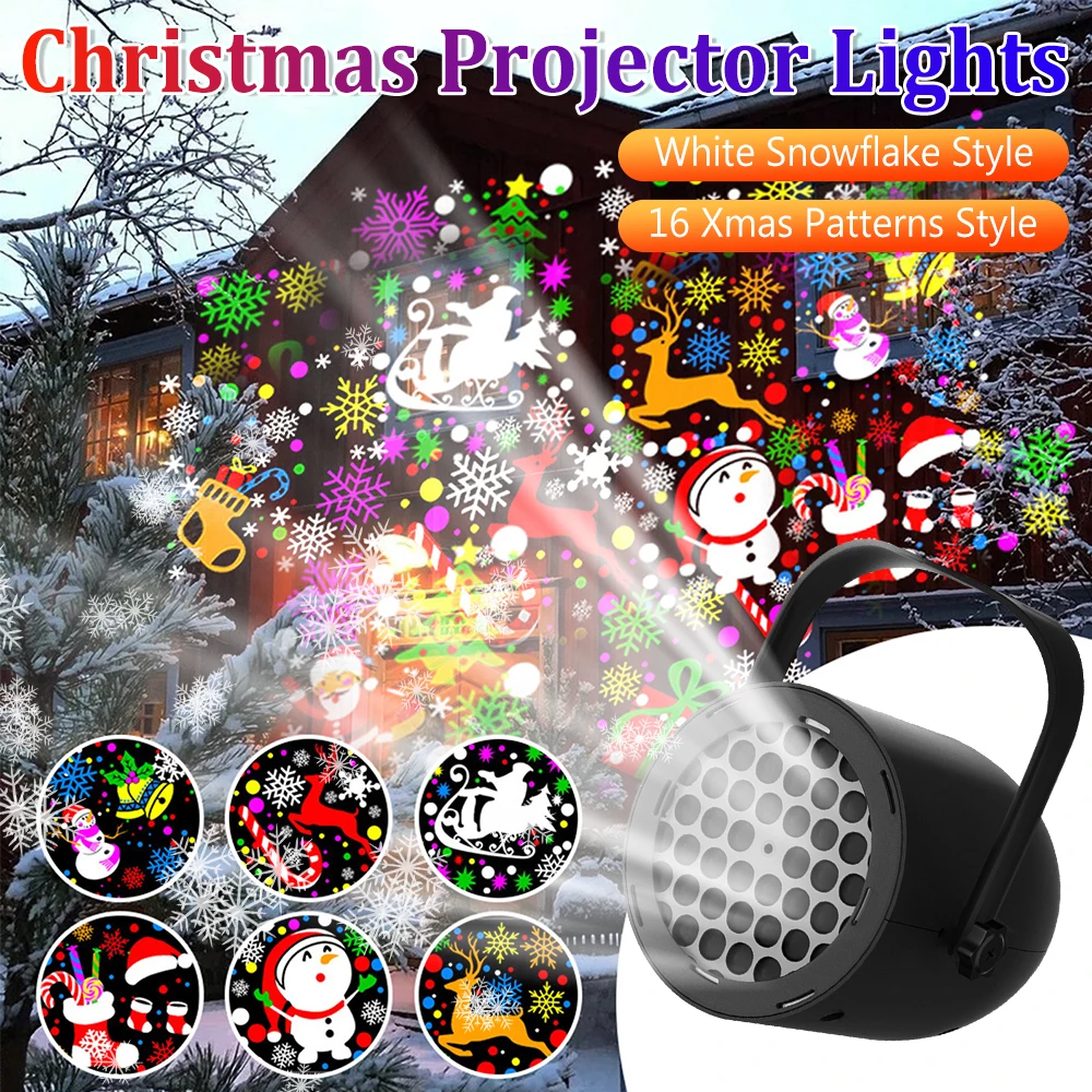 크리스마스 프로젝션 조명 화이트 스노우플레이크 / 16가지 패턴 360도 °   축제 파티 크리스마스 장식을 위한 회전 LED 무대 조명