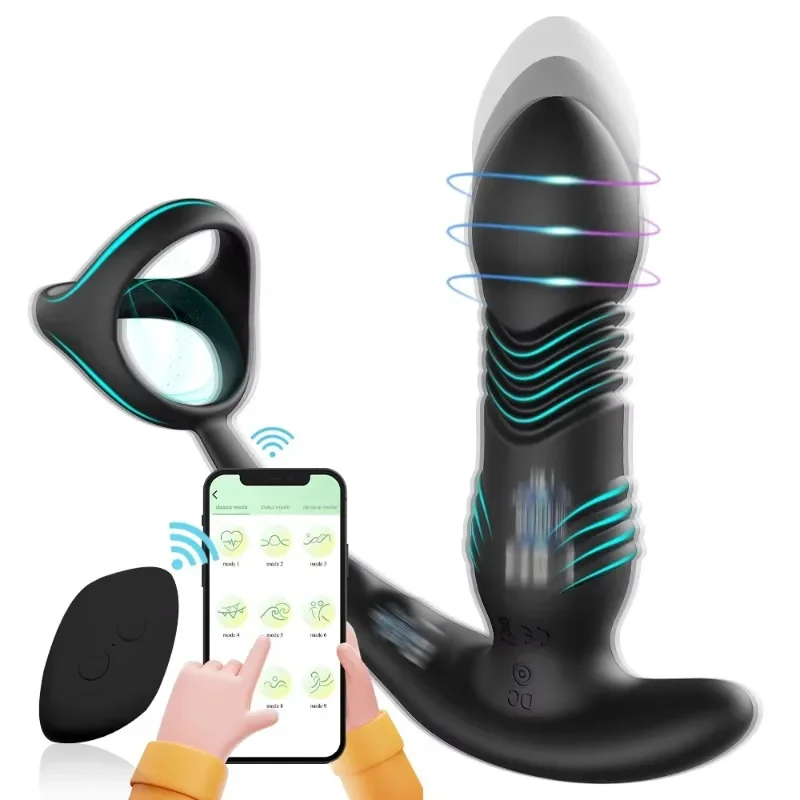 Male Thrusting Prostate Massager, Bluetooth App Vibrator, Telescopic Anal Plug, Wireless Remote Butt Plug, Sex Toy for Couples