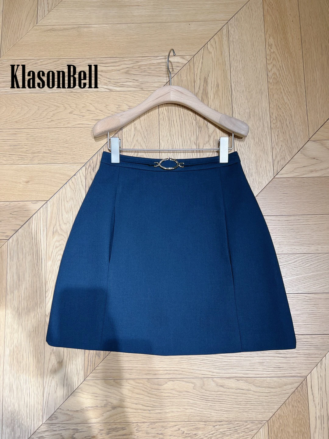 8.16 KlasonBell Women Metal Letter Seahes Design High Waist Deep Blue Skirt Simple All-matches Two Side Pocket Mini Skirt