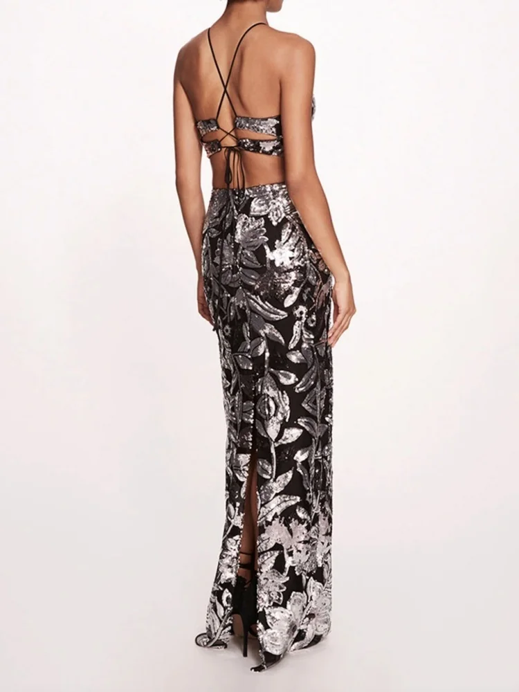 Elegancka czarno-srebrna sukienka letnia z cekinami, kwiatowym wzorem, wycięciami po bokach, ażurowa, długa sukienka na formalne okazje, Vestidos