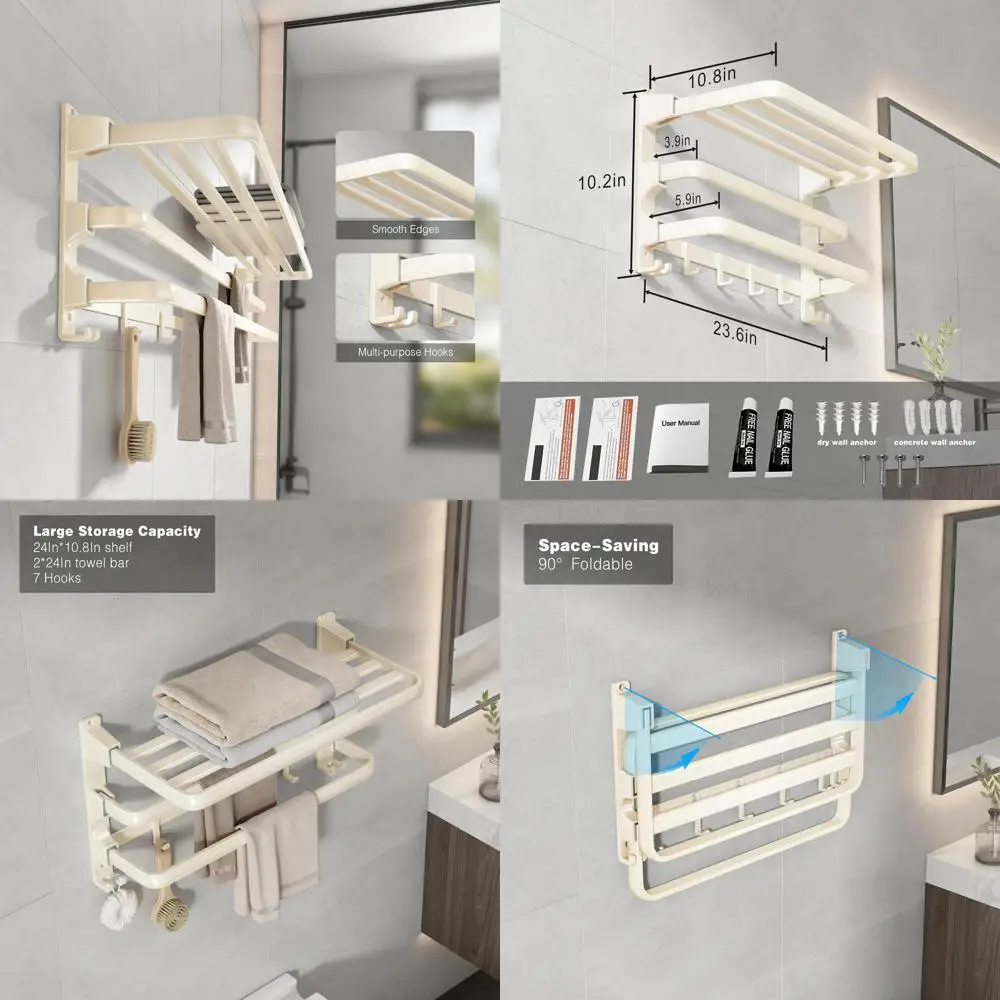 

24-Inch Wall-Mounted Towel Shelf with 2 Bars and 7 Hooks, Space-Saving Bathroom Storage Organizer in Milky White