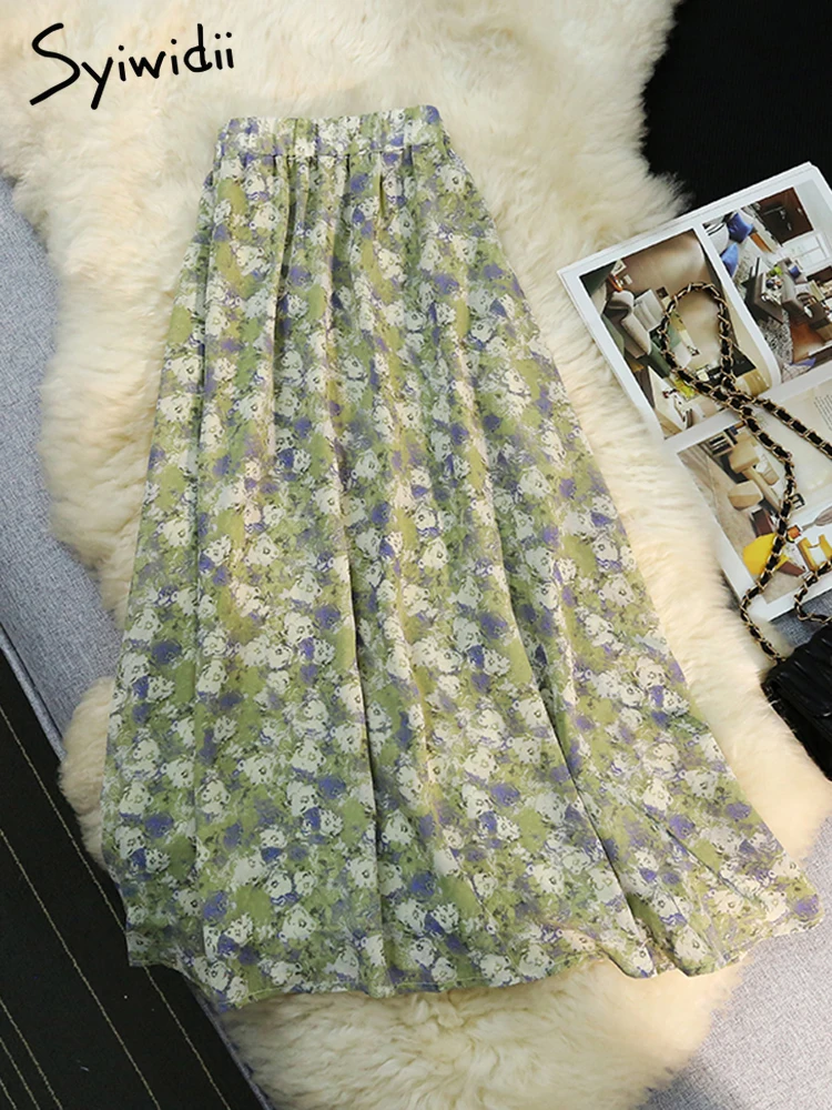 Syiwidii-faldas plisadas con estampado Floral para mujer, ropa de calle informal, elegante, línea A, 2024